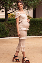 Beige Fitted Smocked Ruffle Accent Maternity Midi Dress