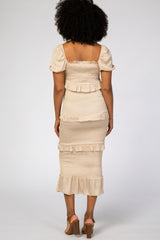 Beige Fitted Smocked Ruffle Accent Midi Dress