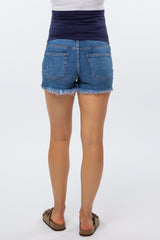 Navy Dark Wash Distressed Maternity Jean Shorts