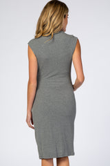 Grey Ribbed Mock Neck Fitted Maternity Dress