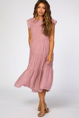 Pink Tiered Smocked Maternity Midi Dress