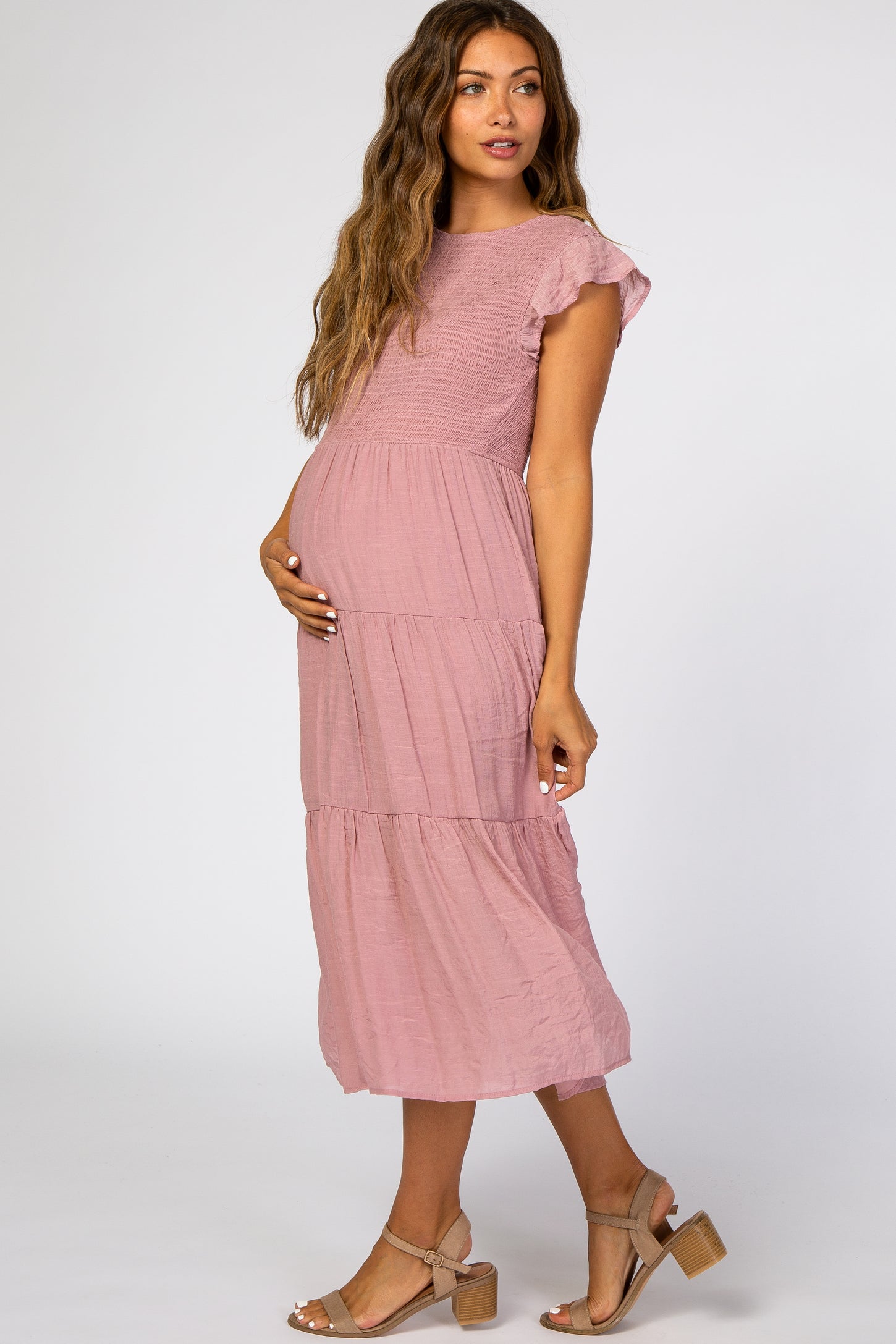Pink Tiered Smocked Maternity Midi Dress