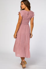 Pink Tiered Smocked Maternity Midi Dress