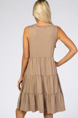 Taupe Soft Knit Pleated Tiered Sleeveless Dress