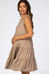 Taupe Soft Knit Pleated Tiered Sleeveless Maternity Dress