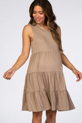 Taupe Soft Knit Pleated Tiered Sleeveless Maternity Dress