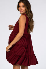 Burgundy Soft Knit Pleated Tiered Sleeveless Maternity Dress