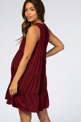 Burgundy Soft Knit Pleated Tiered Sleeveless Maternity Dress