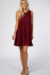 Burgundy Soft Knit Pleated Tiered Sleeveless Dress
