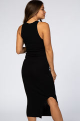 Black Ribbed Fitted Maternity Midi Dress