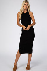 Black Ribbed Fitted Maternity Midi Dress