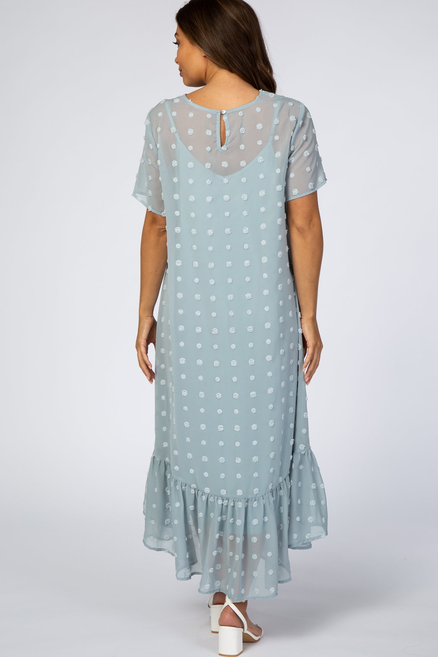 Light Blue Textured High-Low Ruffle Hem Maternity Midi Dress
