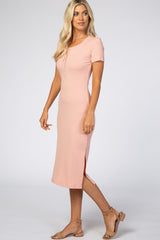 Pink Ribbed Button Front Midi Dress