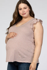 Mauve Striped Ruffle Sleeve Back Tie Maternity Plus Top