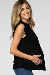 Black Ruffle Accent High Neck Maternity Top