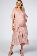 Pink Off Shoulder Tiered Maternity Midi Dress