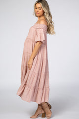 Pink Off Shoulder Tiered Maternity Midi Dress
