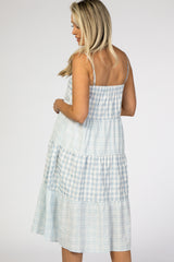 Blue Mixed Plaid Tiered Maternity Midi Dress