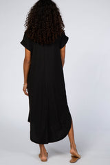 Black Ribbed Curved Hem Midi Dress