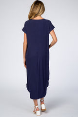 Navy Blue Ribbed Curved Hem Maternity Midi Dress