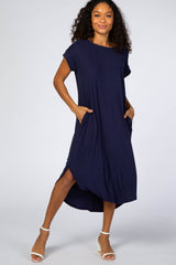 Navy Blue Ribbed Curved Hem Maternity Midi Dress