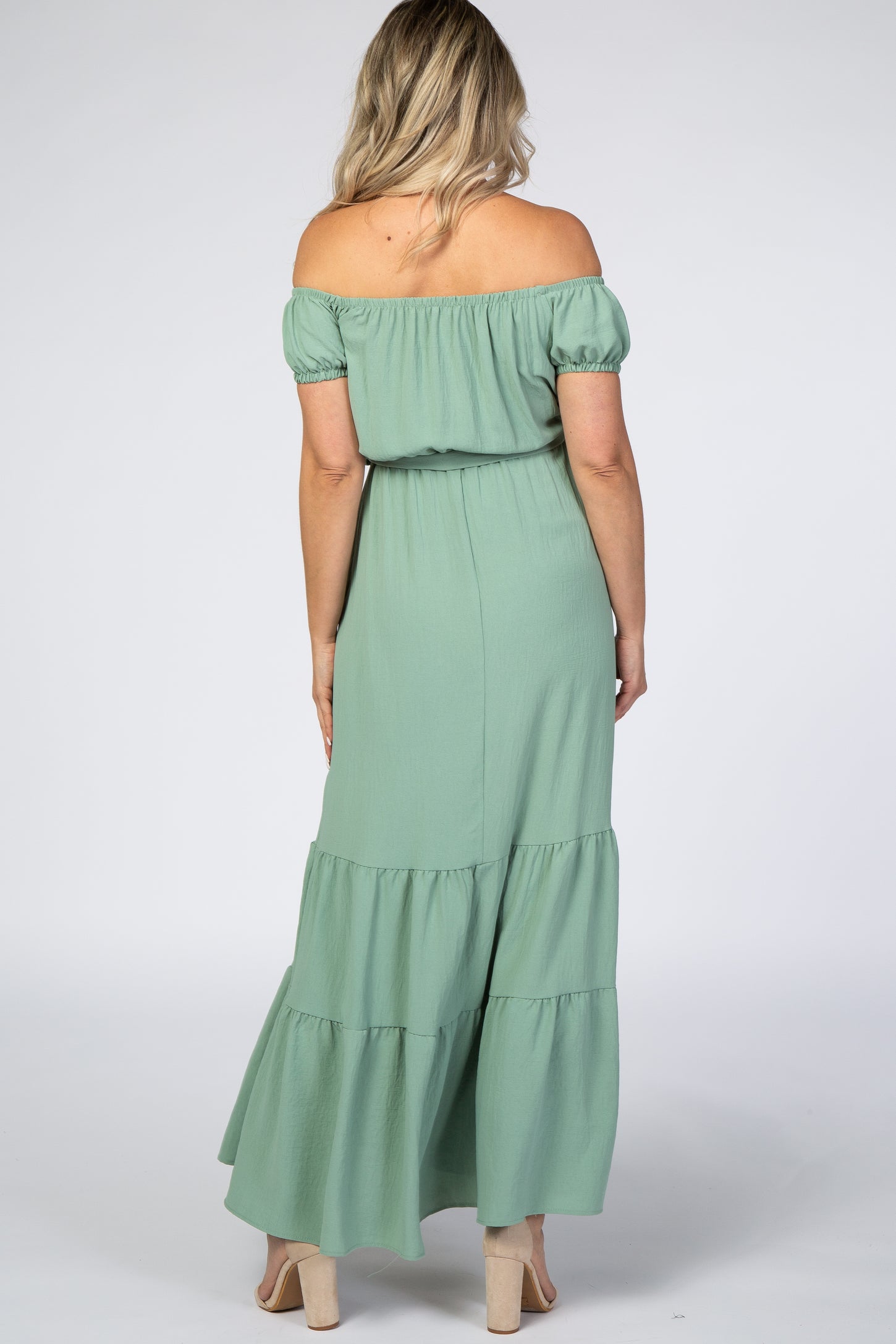 Mint Green Off Shoulder Ruffle Hem Maternity Maxi Dress
