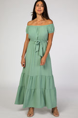 Mint Green Off Shoulder Ruffle Hem Maternity Maxi Dress