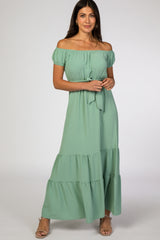 Mint Green Off Shoulder Ruffle Hem Maxi Dress