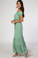 Mint Green Off Shoulder Ruffle Hem Maxi Dress