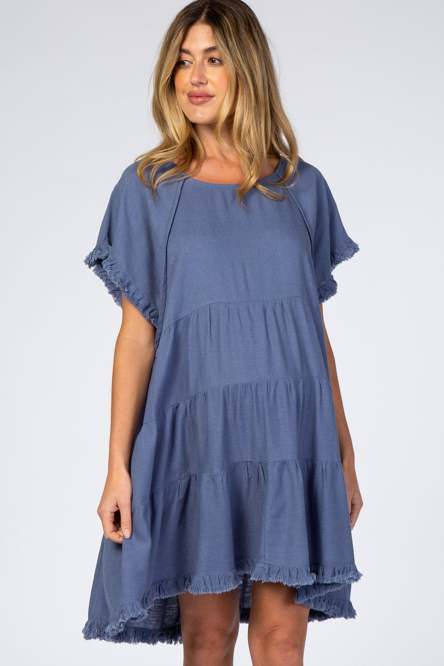 Blue Pleated Tier Fringe Trim Maternity Dress