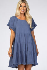 Blue Pleated Tier Fringe Trim Dress