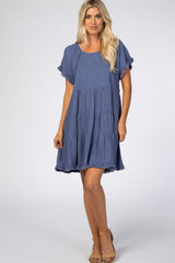 Blue Pleated Tier Fringe Trim Dress