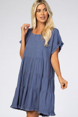 Blue Pleated Tier Fringe Trim Dress