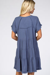 Blue Pleated Tier Fringe Trim Dress