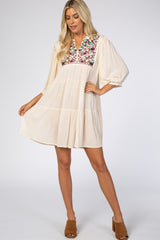 Cream Button Up Embroidered Front Maternity Dress