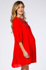 Red Button Up Embroidered Front Maternity Dress