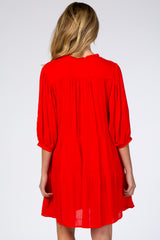 Red Button Up Embroidered Front Maternity Dress