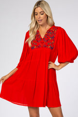 Red Button Up Embroidered Front Dress