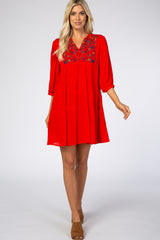 Red Button Up Embroidered Front Maternity Dress