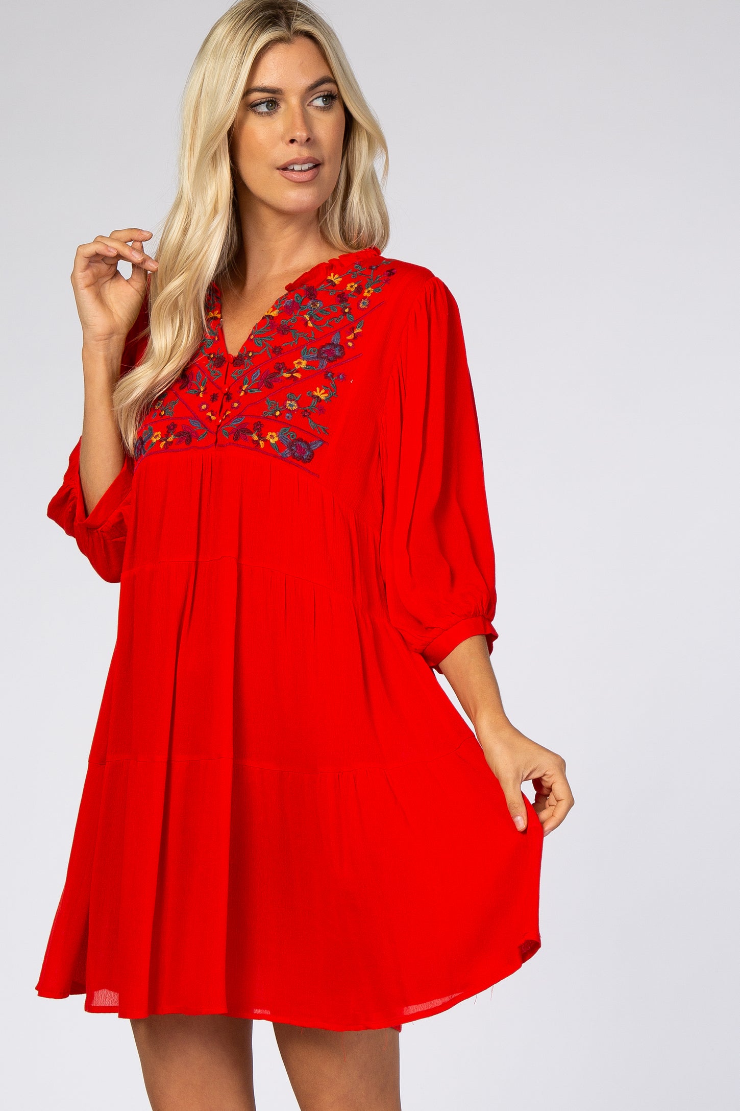 Red Button Up Embroidered Front Dress