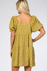 Yellow Floral Lace Trim Square Neck Dress