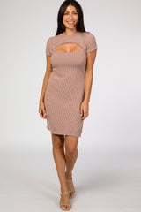Taupe Ribbed Cutout Fitted Dress