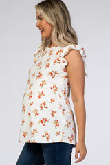 Ivory Floral Ribbed Ruffle Sleeve Maternity Top