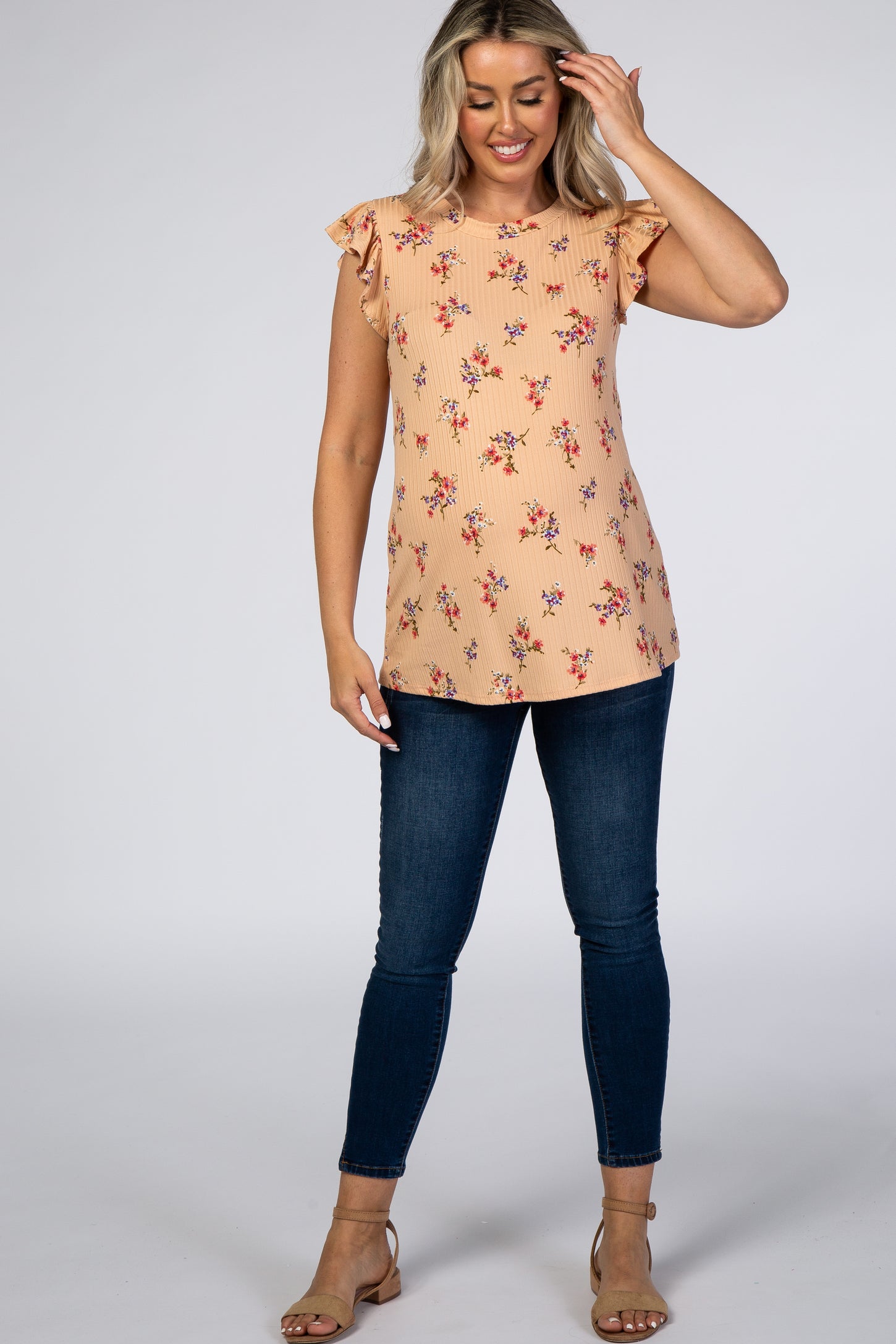 Peach Floral Ribbed Ruffle Sleeve Maternity Top