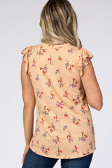 Peach Floral Ribbed Ruffle Sleeve Maternity Top
