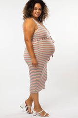 Pink Stripped Front Tie Maternity Plus Midi Dress