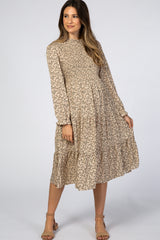 Taupe Floral Smocked Long Sleeve Maternity Maxi Dress