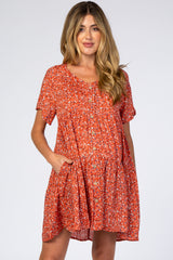 Rust Floral Button Front Maternity Mini Dress