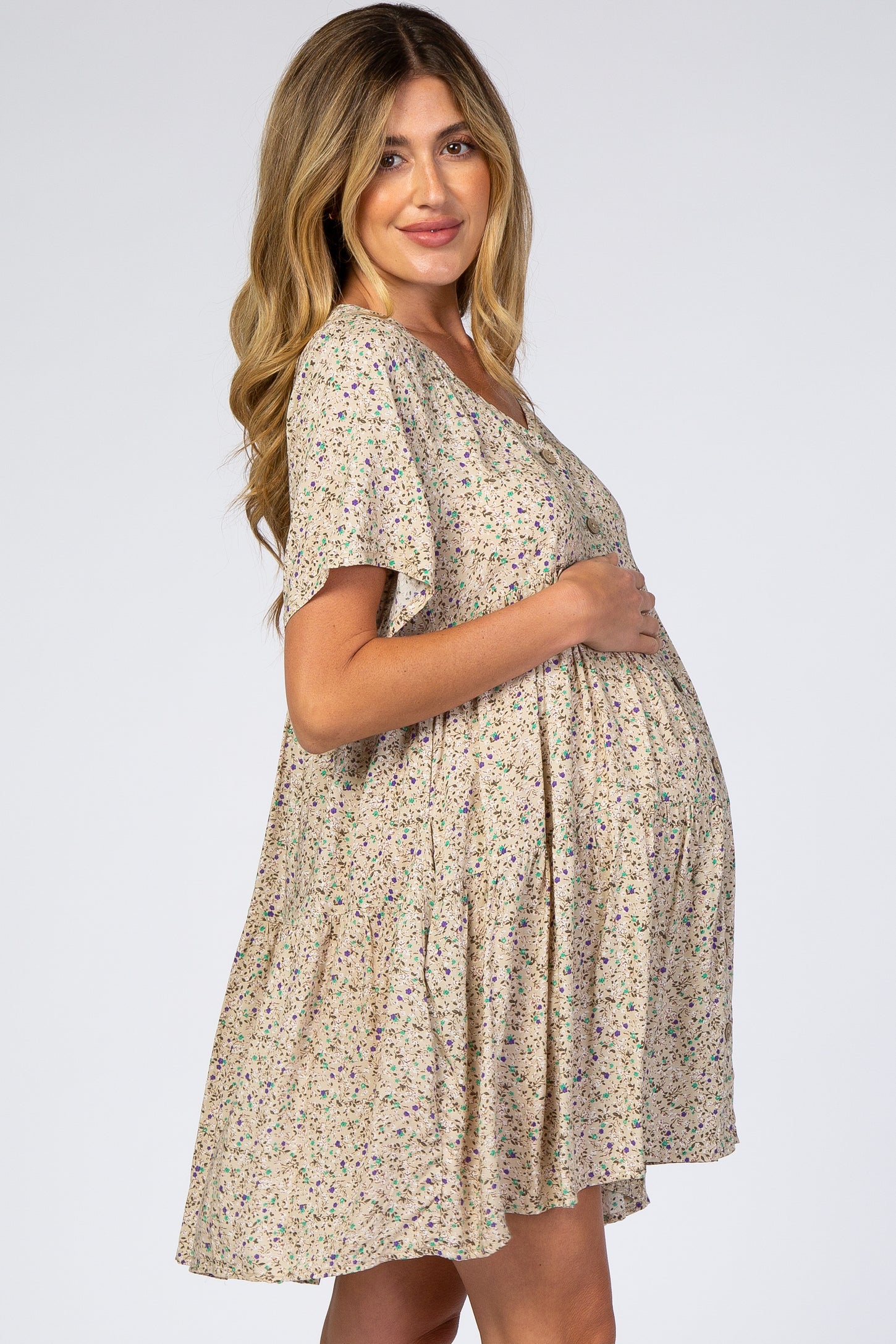 Taupe Floral Button Front Maternity Mini Dress
