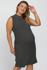 Black Striped Mock Neck Maternity Plus Midi Dress